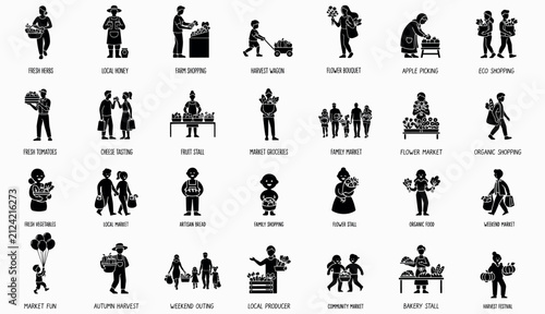 Set of illustrations of people & small objects such as families, couples, etc. enjoying holiday markets and other events 16:9