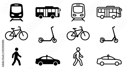 Transportation Icons Set Black Line Art On White Background