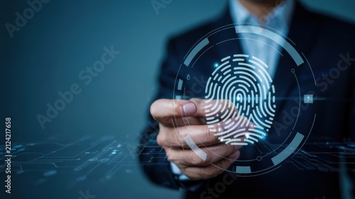 Businessman's hand touching holographic fingerprint scanner for digital security and authentication
