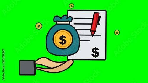 Animated Money Bag and Financial Document Concept on Green Screen