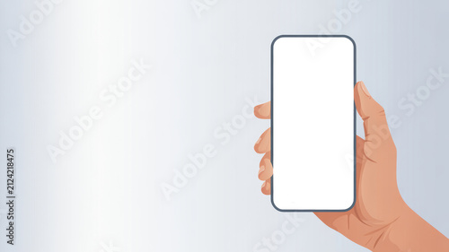 Hand holding smartphone with blank screen against soft gradient background