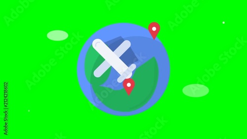 Animated Airplane Flying Around Earth Globe with Location Pins