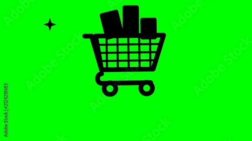 Black Shopping Cart Icon Animation Moving Across Green Screen Background