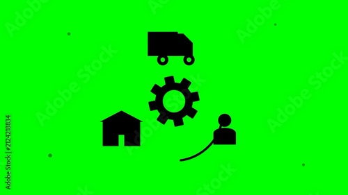 Animated logistics and supply chain icons connecting gear house user and truck on green screen
