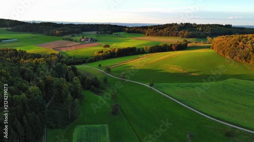 Aerial View of Scenic Rural Landscape at Golden Hour Sunset