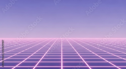 Retro grid landscape with neon glow against a soft purple sky