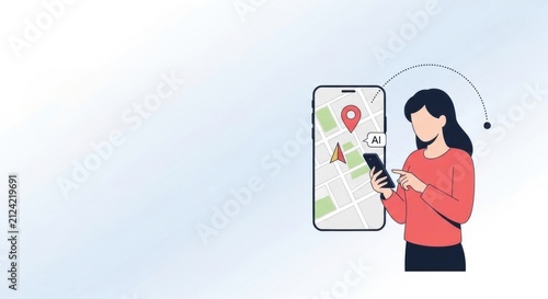 Woman using mobile phone with navigation app and map showing location pin on screen