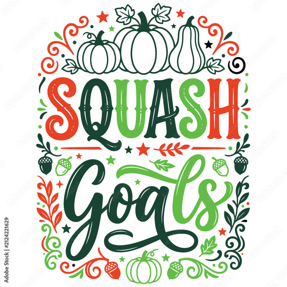 Fototapeta premium Creative autumn squash goals decorative typography design with pumpkins