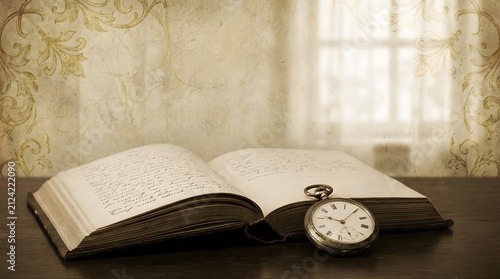 Vintage open book with handwritten notes and old pocket watch on dark wooden table top.