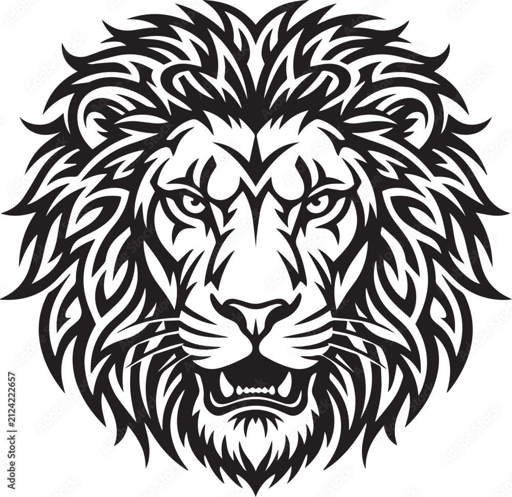 Fototapeta premium Bold Black and White Lion Head Illustration with Intricate Detailing and Fierce Expression