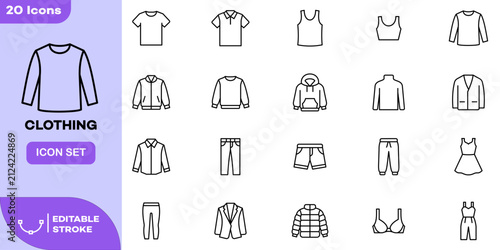 Clothing Apparel Fashion Line Icon Set. Wardrobe Outfit Garment Outline Symbol Collection with Shirt, Hoodie, Jacket, Jeans, Dress, Sweater and Blazer Icons. Editable Stroke Vector