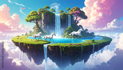 The Image Is A Digital Illustration Of A Beautiful Landscape With A Cascading