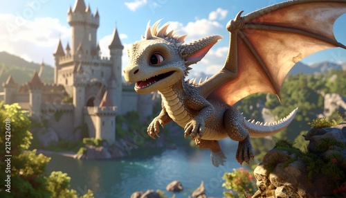 The Image Is A Digital Illustration Of A Dragon Flying Over A Castle The