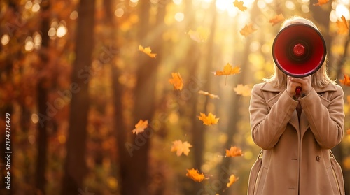 Woman with megaphone in autumn park with falling leaves, symbolizing brand activation and autumn sale message