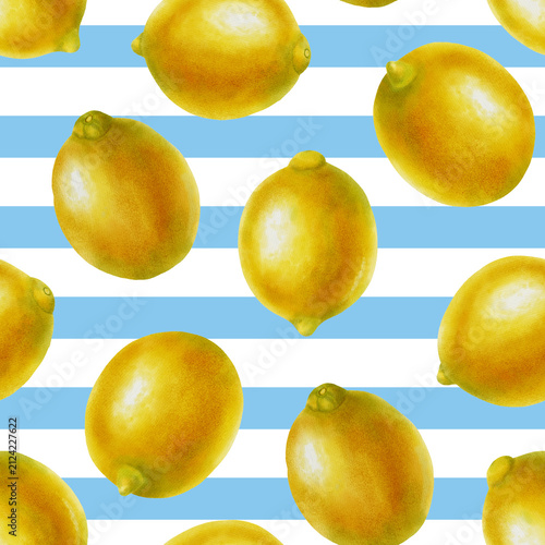 Fotografie Watercolor seamless pattern featuring ripe yellow lemons scattered