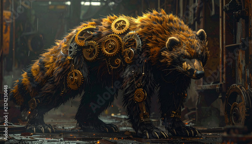 The Image Shows A Large Bear Standing In A Workshop Or Industrial Setting