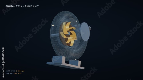 Digital twin of an industrial pump unit, housing dissolving into glowing wireframe with rotating impeller, seamless loop