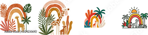 This charming Scandinavian safari nursery icon features a playful giraffe surrounded by vibrant palm leaves and a rainbow, all set against a pristine white backdrop