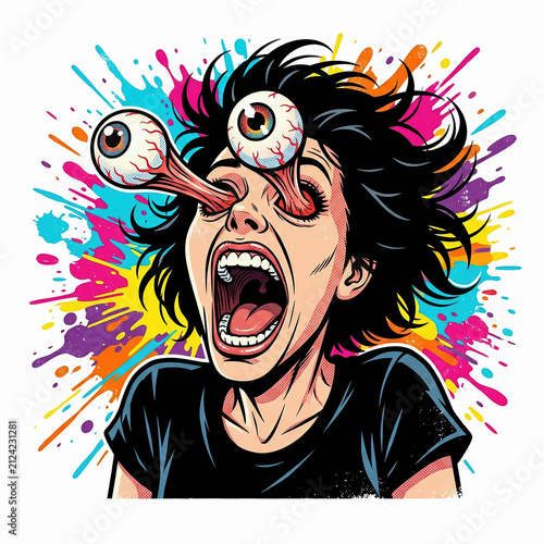 Pop art graphic novel vector showing a shocked woman shouting as her eyes explode out from her face.