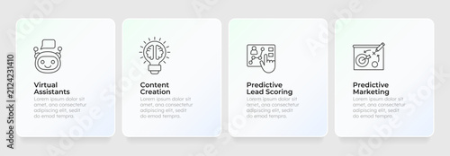 Scalable machine learning utilities feature cards layout. Automated workflow solutions. Cloud platform. Minimalist UI UX design with line icons. Website section for services and information