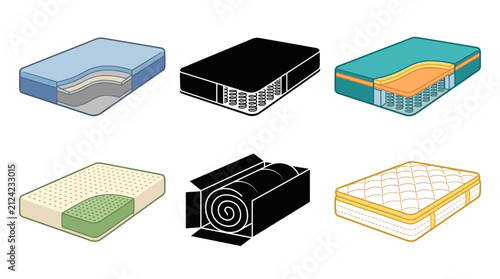 Collection of Mattress Vector Illustrations Featuring Memory Foam, Spring, Hybrid, Latex, Rolled and Luxury Pillow Top Mattresses Isolated on White Background