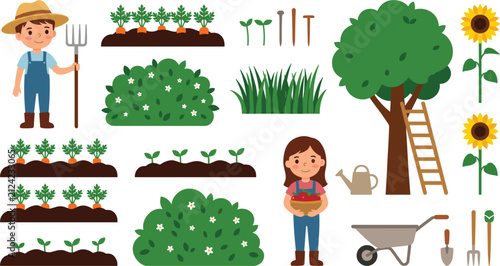 Cute Cartoon Farmers and Gardening Vector Set with Growing Vegetables Tree Tools and Sunflowers for Agricultural Theme Web Graphics and Children Educational Media