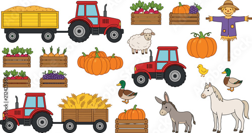 Konstfotografi Red Farm Tractors and Agricultural Machinery Set with Harvested Pumpkins Vegetab