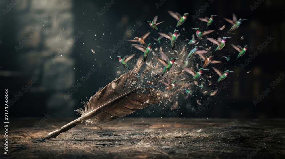 Fototapeta premium Hummingbirds emerging from a quill pen