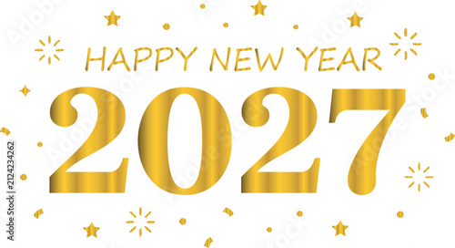 2027 Happy New Year, Modern Number Typography Designs with Festive Labels, Celebration Badges GOLD and Greeting Elements, 2027 golden gradient 