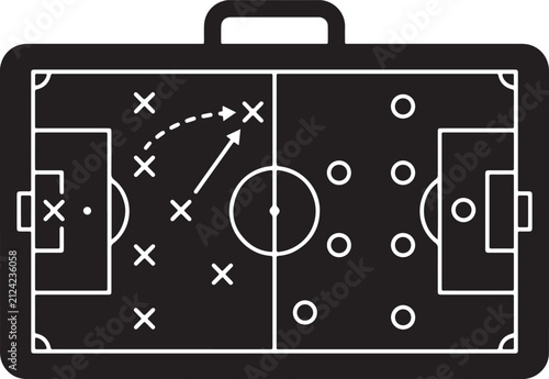 Soccer strategy board icon featuring a tactical field plan with player movements inside a portable briefcase outline design