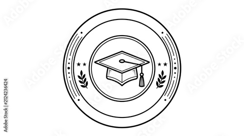 Round badge emblem with graduation cap icon isolated on white background