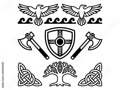 Norse heritage icon arrangement with axes shield and tree