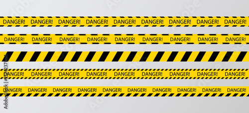 Yellow tape with danger text. Do not enter ribbons. Police warning barrier tapes for crime scenes. Set of caution bands criminal accident place. Seamless striped boundary lines. Vector illustration