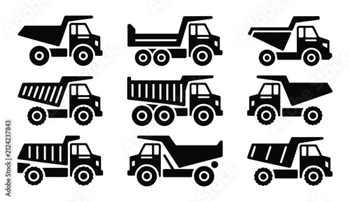 Industrial construction heavyduty dump truck icons set