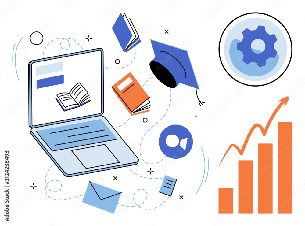 Fototapeta premium Laptop with books and graduation cap vector illustration. Digital learning, academic success, remote education, skill development, knowledge growth, online training. Computer with study materials