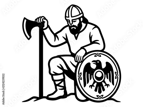 Bild auf Leinwand Seated Viking warrior resting with axe and decorated shield