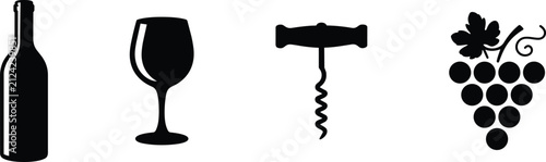 Wine silhouette icons with a classic wine bottle, an elegant wine glass, a corkscrew opener, and a bunch of grapes with a leaf for winery branding