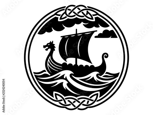 Viking longship on waves inside Celtic knot circular border