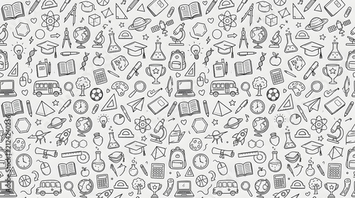 Hand-drawn school and science seamless pattern background with various educational icons