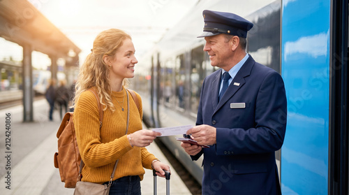 A female traveler stands at a railway terminal with a travel bag while talking to a train attendant. They both hold tickets and smile at each other. It is daytime and trains are visible in the back...