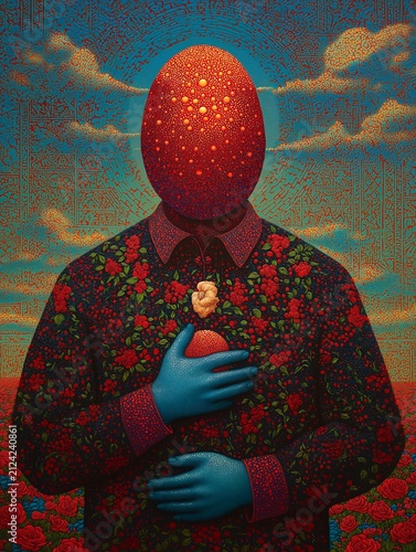 Surreal figure stands in a field of red flowers.