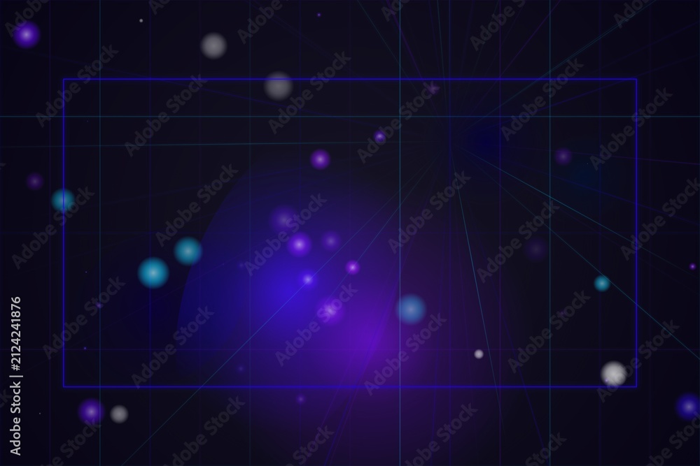 Fototapeta premium Abstract purple galaxy background with glowing bokeh lights and subtle grid lines