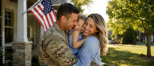 smiling soldier in camouflage uniform reunited with his wife and young daughter in front of their suburban home with an American flag
