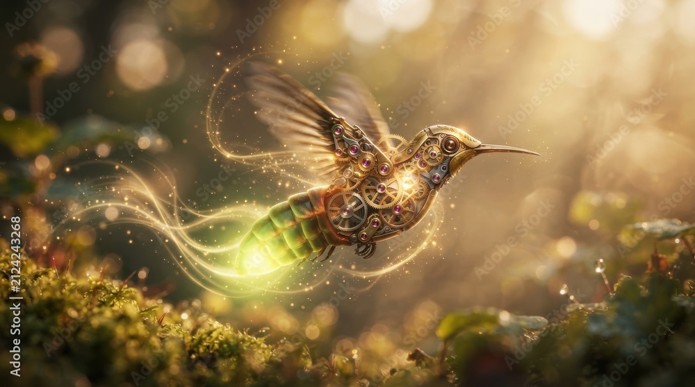 Fototapeta premium Steampunk hummingbird with glowing mechanical wings in a forest