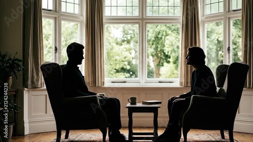 Two people talking sitting in armchairs facing each other 4K Video