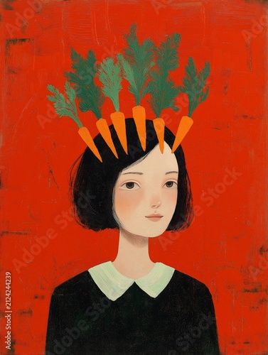 Girl wears a crown made of orange carrots.
