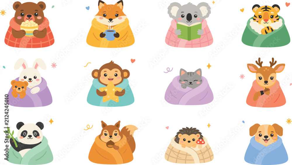 Obraz premium Cute Baby Animal Vector Clipart Set Featuring Whimsical Wild Animals Wrapped in Cozy Warm Blankets Reading and Drinking Hot Tea for Winter Nursery Designs