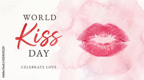 World Kiss Day pink watercolor background red lipstick mark celebrate love romantic imagery affection awareness global campaign unity compassion connection   generative ai