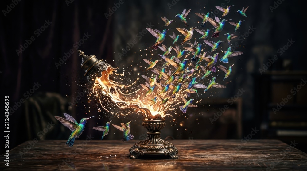 Fototapeta premium Hummingbirds emerging from a glowing vintage lamp