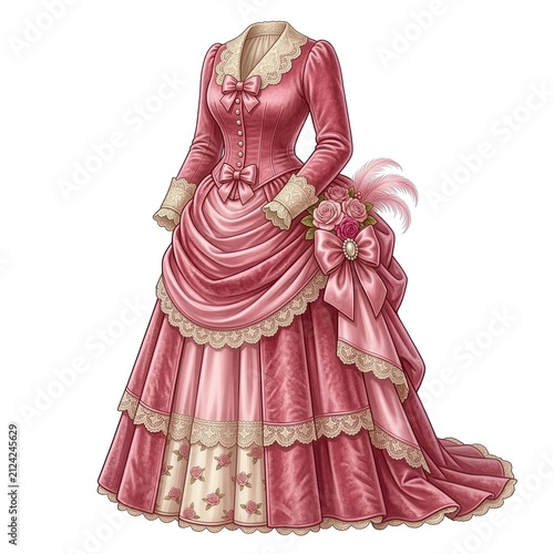 Elegant dusty pink Victorian gown with intricate cream lace, floral accents, and bustle silhouette on a white background